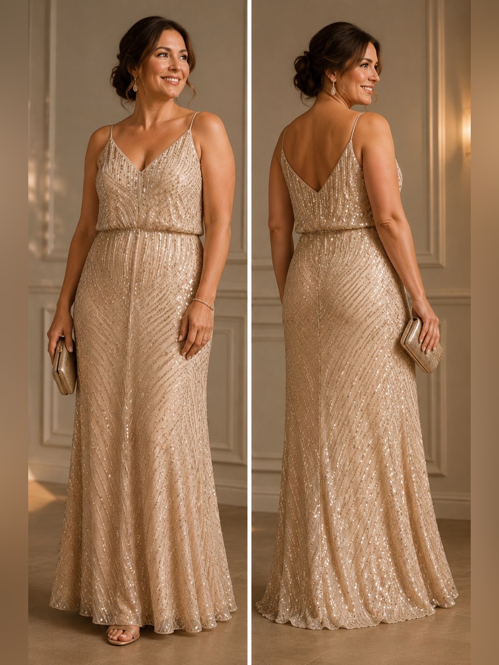 BHLDN 18W Sequin Maxi Dress Champagne Gold Beaded Stretch Formal Wedding